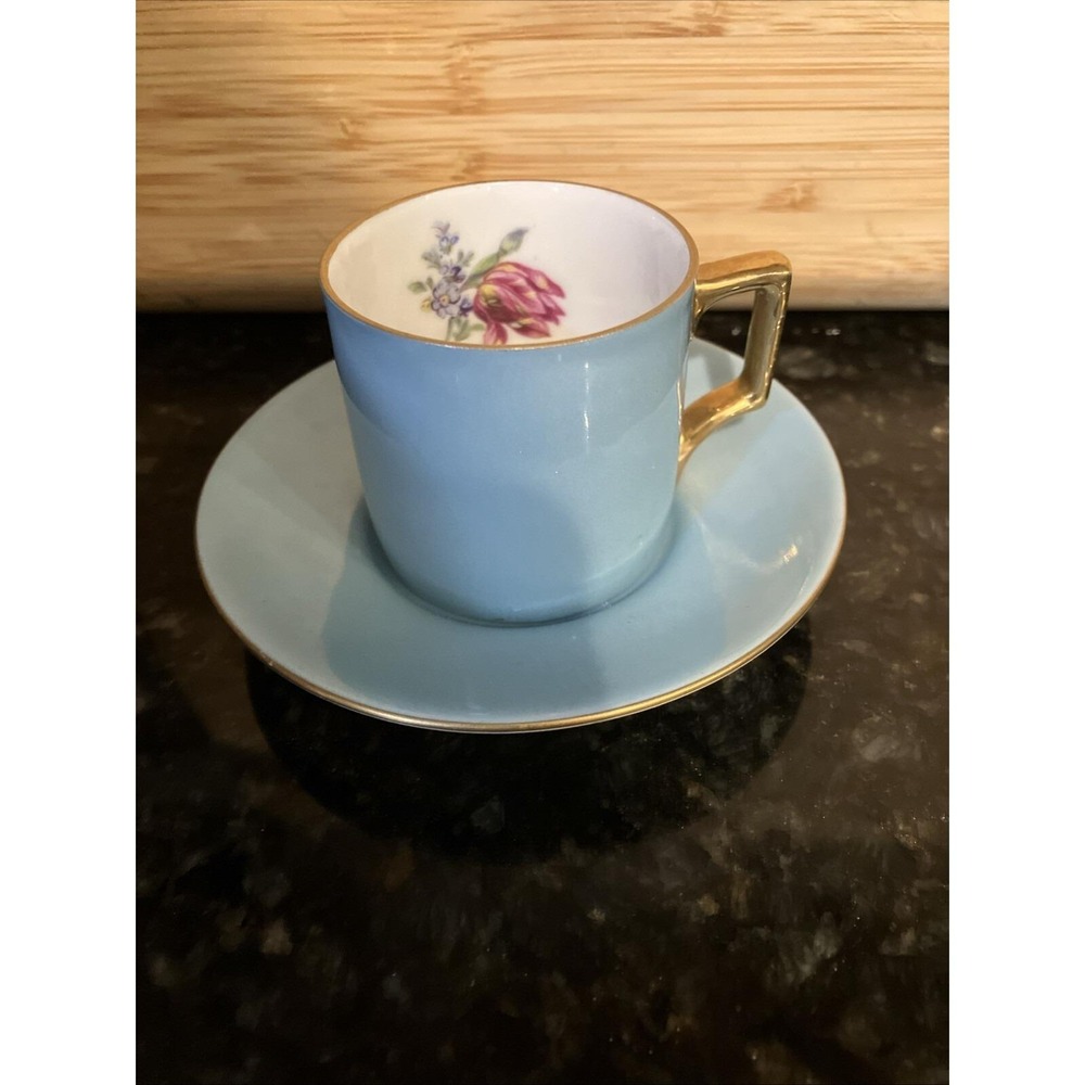 Victoria Demitasse Cup And Saucer Vintage 2" Robin Egg Blue